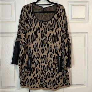 BLACK LABEL Chico's Black Brown Animal Print Tunic Sweater X-Large Wool Alpaca